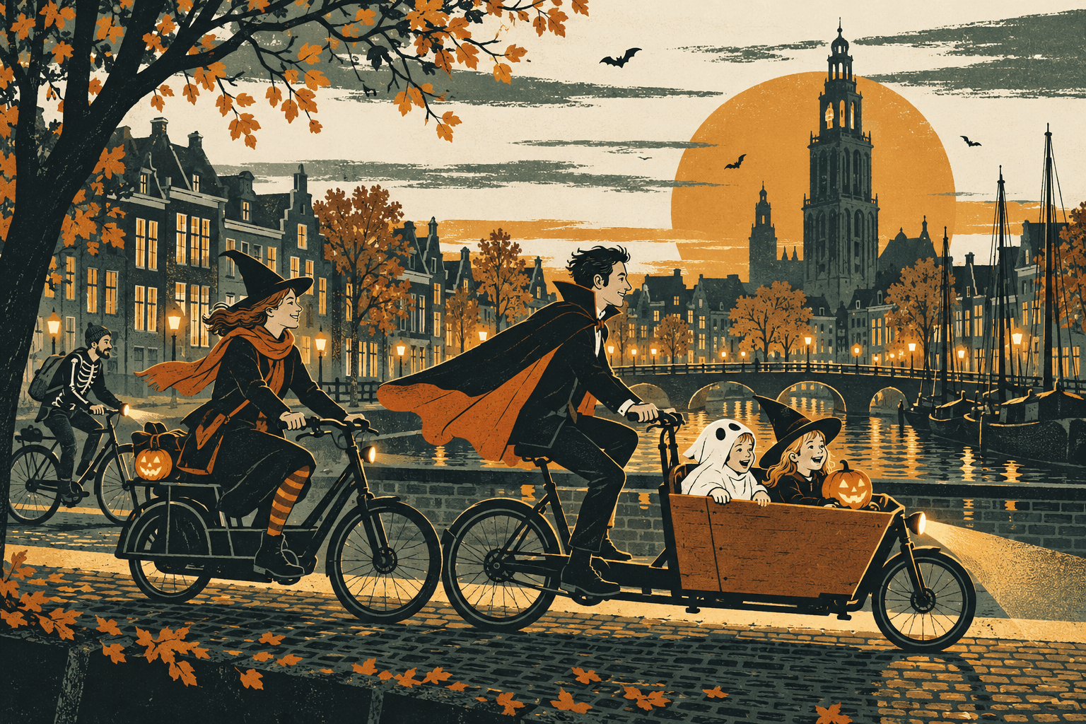 Illustratie van verklede fietsers met een bakfiets vol kinderen als spookjes langs een Groningse gracht met de Martinitoren