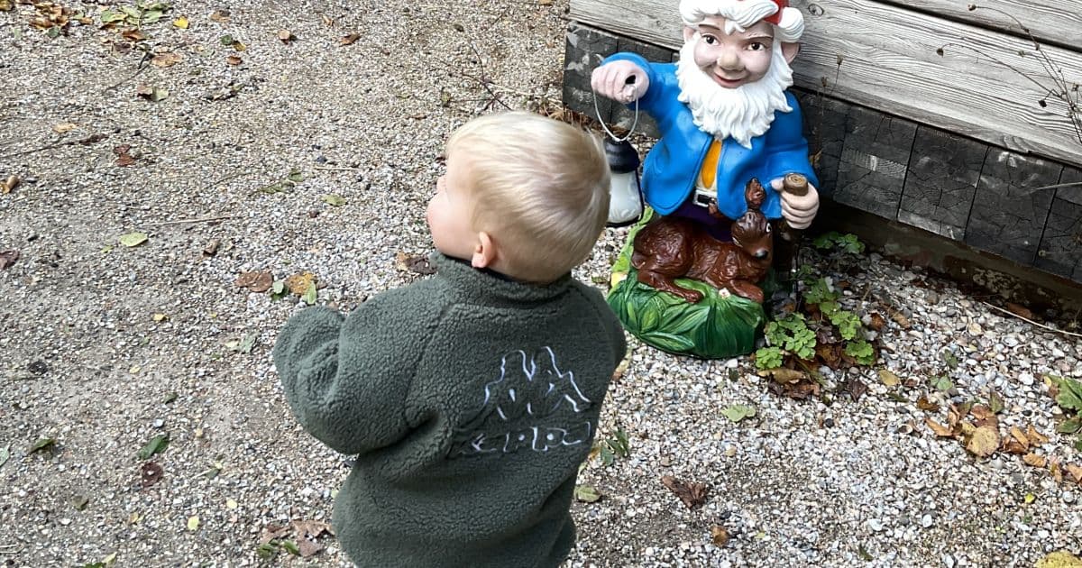 Beschilderde tuinkabouters van boomstammetjes