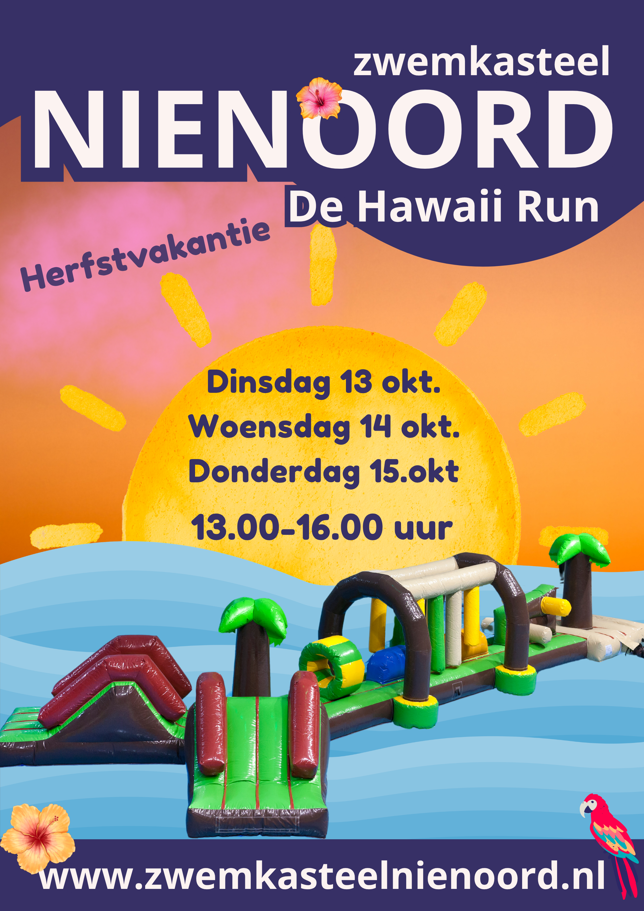 Poster van de opblaasbare Hawaii Run stormbaan in het zwembad